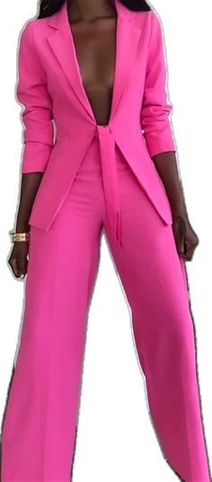 Casual Fitted Pink Pantsuit, Fitted Pink Pantsuit With Pockets, Pink Long Sleeve Summer Pantsuit, Pink Long Sleeve Pantsuit For Summer, Summer Pink Long Sleeve Pantsuit, Summer Long Sleeve Pink Pantsuit, Chic Fitted Cotton Pant Set, Pink Suit Women, Hot Pink Suit