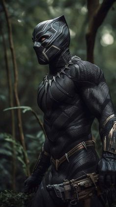 the black panther is standing in the woods with his hands on his hips and looking at something