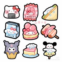 hello kitty stickers with different foods and animals on the top one has an ice cream,