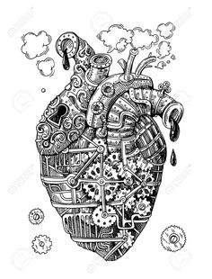 the human heart with gears and mechanical parts inside it hand drawn illustration on white background