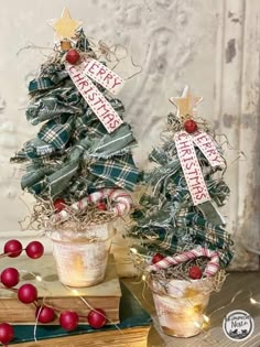 two small christmas trees sitting next to each other on top of a wooden table with red berries