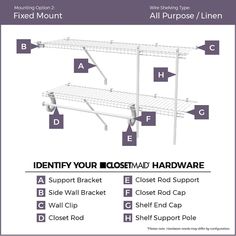 the instructions for how to install an adjustable wall mounted rack with hooks and clips on each side