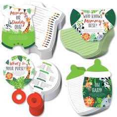 baby shower products are shown with tags and labels on the front, side, and back