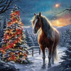 a painting of a horse standing in front of a christmas tree with lights on it