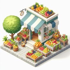 an illustration of a fruit stand with various fruits and vegetables in baskets on the outside