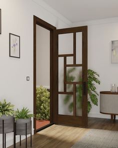 an open door in a living room with potted plants