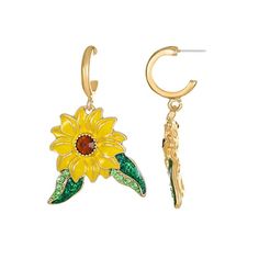 Embrace the endless summer with these adorable Packed Party Sunflower Daze Earrings! Featuring a gold-tone finish and gemstone clusters, these sunflower hoop earrings are the perfect way to add a cheerful pop of color to any look. Lightweight and comfortable for all-day wear, they're the perfect statement accessory to brighten up your look for school, work, or date night and showcase your sunny personality! Packed Party makes everyday a party with its unique, affordable, and experiential products designed in Austin, TX. Woman-owned and inspired by bright colors, endless confetti, and the idea of celebrating the little things in life make this brand the positive and fun force people have come to know and love. With a dedicated following of Party Girls and celebrities alike on social media, Gold Flower Shaped Jewelry For Summer, Gold Flower-shaped Jewelry For Summer, Summer Yellow Metal Jewelry, Summer Gold Jewelry With Sunflower Design, Gold Jewelry With Sunflower Design For Summer, Gold Sunflower Dangle Jewelry, Sunny Personality, The Endless Summer, Create Your Own World