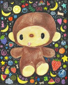 a drawing of a brown teddy bear surrounded by fruit and stars