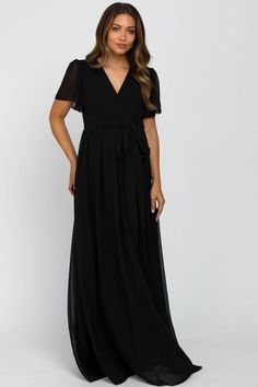 Black Chiffon Short Sleeve Maternity Maxi Dress – PinkBlush Chiffon V-neck Maxi Dress With Tie Waist, Chiffon Maxi Dress With Surplice Neckline For Evening, Maternity Chiffon V-neck Dresses, Chiffon Maternity V-neck Dresses, Chiffon Maternity Dress With V-neck, Formal Flowy Maxi Wrap Dress, Short Sleeve Faux Wrap Party Dress, Party Dress With Faux Wrap And Short Sleeves, Chiffon V-neck Maxi Dress For Maternity