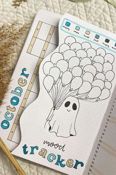 October-themed ghost mood tracker bullet journal spread with balloons representing each day, perfect for a fall Journal Mood Tracker Ideas layout. Easy to recreate and ideal for keeping track of emotions in a fun and simple way. Own Journal Ideas, Journal Ideas Mood, Journal Ideas Mood Tracker, Journal Mood Tracker Ideas, Make Your Own Journal, Bullet Journal Halloween