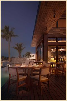 Elegant outdoor dining area by a calm pool with palm trees at dusk, warm lighting from the restaurant reflecting on the water. Nobu Cabo, Nobu Los Cabos, Hotel Ideas, Glamping Resorts, Dream Hotels, Luxury Resorts