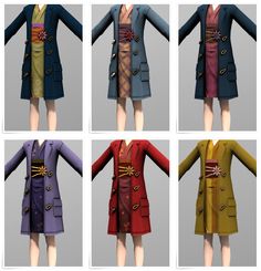 six different colored women's coats with buttons on the front and back, all in various colors