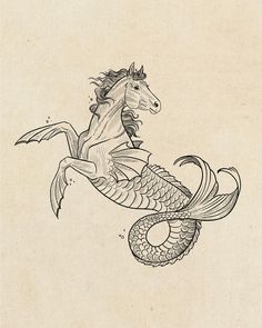 a drawing of a horse riding on top of a fish