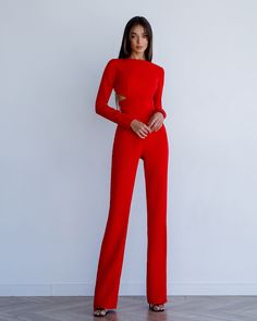 Red Backless Cut-Out Jumpsuit Graduation Jumpsuit Outfit, Grad Fits, Jumpsuit Outfit, Bead Loom, Elegant Red