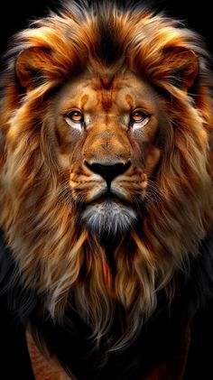 a close up of a lion's face on a black background