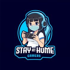 a girl wearing a face mask and holding a game controller with the words stay at home gamers