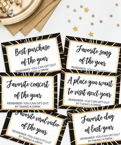 four black and gold printable tags with the words best purchase of the year on them