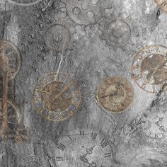 an abstract painting with clocks and gears on the side of a wall, as if it were made out of metal