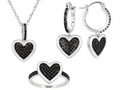 0.33ctw Round Black Spinel Rhodium Over Sterling Silver Pendant with Chain, 0.45ctw Round Black Spinel Ring, and 1.08ctw Round Black Spinel Earrings Set. Pendant Measures Approximately 0.79"L x 0.51"W. 18" Singapore Chain with Lobster Claw Clasp. 3mm bail. Ring Measures Approximately 0.80"L x 0.44"W. Earrings Measure Approximately 1.10"L x 0.51"W. Saddle Backings. Not Sizeable. Anniversary Jewelry With Black Diamonds, Fine Jewelry With Black Diamonds, Black Diamond Jewelry For Valentine's Day, Sterling Silver Jewelry With Black Diamonds For Anniversary, Gift Jewelry With Black Diamonds, Valentine's Day Black Diamond Jewelry, Sterling Silver Jewelry With Black Diamonds In Round Cut, Sterling Silver Jewelry With Black Diamonds Round Cut, Sterling Silver Jewelry With Black Diamonds