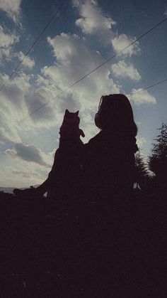 the silhouette of a person holding a cat in front of a blue sky with clouds