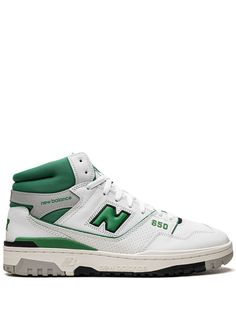 white/green calf leather padded ankle logo patch at the tongue logo patch to the side front lace-up fastening round toe rubber sole Casual Green High-top Sneakers With Logo Patch, Green New Balance High-top Sneakers, Green High-top Sneakers With Logo Patch, New Balance Shoes Green And White, New Balance High-top Leather Sneakers With Logo Patch, Green Sneakers, White Green