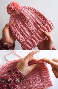 two pictures showing how to knit a pom - pom hat