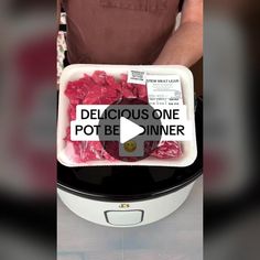 a person holding a container with food in it and the words delicious one pot be dinner