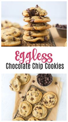 chocolate chip cookies stacked on top of each other with text overlay that reads eggless chocolate chip cookies