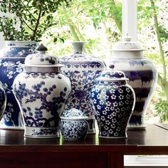 blue and white vases are lined up on a window sill in front of a tree