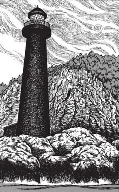 a black and white drawing of a lighthouse on top of a hill with mountains in the background