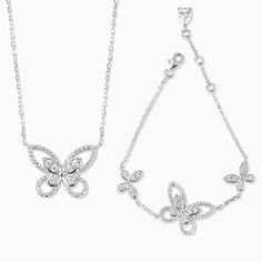 This Dainty Butterfly Jewelry Set will make a simple outfit look classy and elegant. Both handcrafted from 925 sterling silver, the necklace features a sparkling butterfly pendant hanging from a delicate chain while the bracelet features three. Definitely a beautiful set that's sure to make a lasting impression. Free Shipping Premium Quality Guaranteed Delivery Jewelry Tattoo Designs, Butterfly Jewelry Set, Dainty Butterfly, Butterfly Fashion, Simple Butterfly, Classy And Elegant, Look Classy, Jewelry Tattoo, Simple Outfit