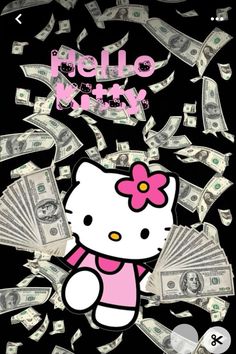 an image of hello kitty with money falling from her head and the words hello kitty above it