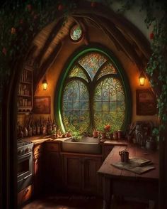 a kitchen with an arched window and potted plants