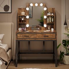 a wooden vanity with lights on it next to a bed