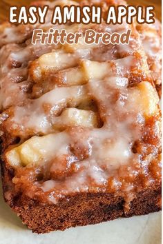 two slices of cinnamon apple bread on a white plate with the words, easy amish apple