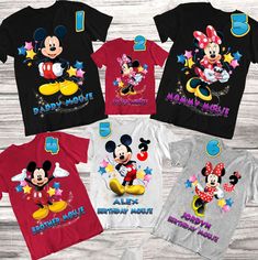 mickey mouse and minnie mouse birthday shirts with the same name on them, all in different colors