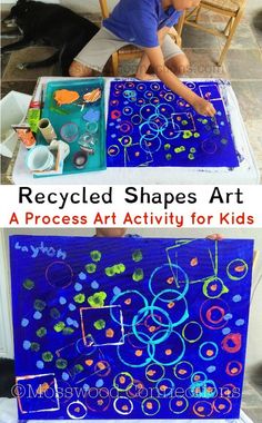 two children playing with an art project made from recycled shapes