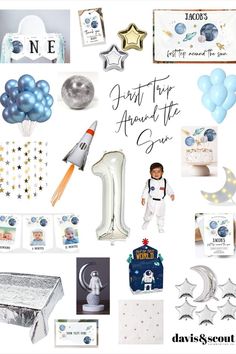 a collage of blue and silver items including balloons, stars, congratulations cards, greetings