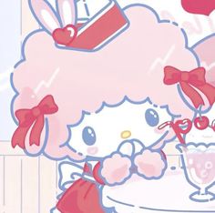 an animated hello kitty holding a cake with cherries on it