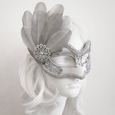 Silver Embroidery Masquerade Mask With Silver Feathers Silver Adjustable Headpieces For Carnival, Adjustable Silver Headpiece For Carnival, Fantasy Masquerade Mask For Wedding And Mardi Gras, Full Face Fantasy Masquerade Mask For Costume Party, Fantasy Full Face Masquerade Mask For Costume Party, Fantasy Full-face Masquerade Mask For Costume Party, Fantasy Masks And Prosthetics For Carnival Wedding, Silver Fantasy Halloween Mask, Elegant Silver Masks For Halloween