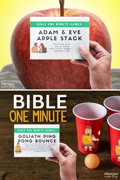 the bible one minute card game is being held up by two people and an apple