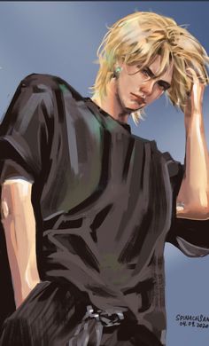 a drawing of a man with blonde hair wearing a black t - shirt and jeans