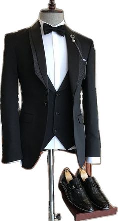 Black Single Breasted Blazer For Wedding, Luxury Single-breasted Tuxedo For Groom, Black Single-breasted Blazer For Wedding, Three-piece Tuxedo Suit For Wedding, Wedding Three-piece Suit, Wedding Three-piece Tuxedo Style Suit, Three-piece Single Breasted Tuxedo Suit For Wedding, Wedding Three-piece Single Breasted Tuxedo Suit, Wedding Blazer With Single Button