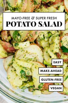 a bowl full of potato salad with the words mayo - free and super fresh