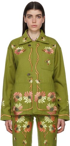 Long sleeve wool tweed jacket in green featuring floral graphics embroidered in tones of pink, yellow, and brown. · Spread collar · Button closure · Patch pocket at chest · Patch pockets at waist · Logo embroidered in yellow at back · Bemberg satin lining · Cattle horn hardware Supplier color: Light green Cocoon Jackets, Floral Graphics, Floral Coat, Studded Jacket, Designer Jackets, Car Coat, Jacket Design, Green Jacket, Yellow And Brown