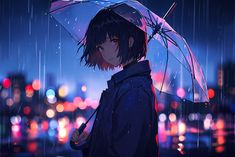 a person standing in the rain with an umbrella over their head and city lights behind them