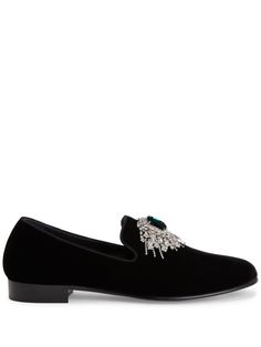 black velvet low block heel branded footbed crystal embellishment almond toe slip-on style Elegant Embellished Slip-on Loafers, Elegant Embellished Formal Loafers, Velvet Loafers, Low Block Heels, Crystal Embellishment, Giuseppe Zanotti, Loafer Shoes, Black Velvet, Block Heels