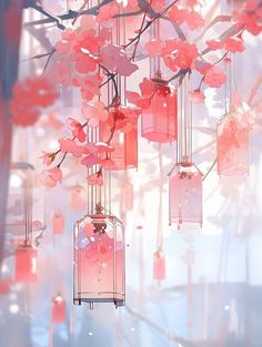 a bunch of pink flowers hanging from a tree with lanterns attached to it's branches