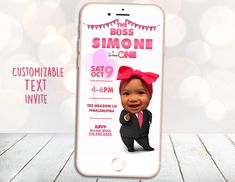 an iphone with a baby's photo on it and the text, the boss is simone con