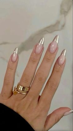 Rose Gold Almond Nails, Almond Nails French Tips, Gold Almond Nails, Silver French Tips, Nude Sparkly Nails, French Tips Nails, Nails French Tips, Almond Nails French, Coffin Nails Ombre